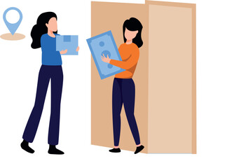 The girl is delivering the parcel to the door.