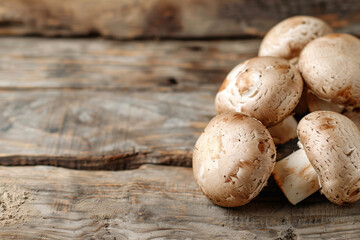 close up of champignon mushrooms over wooden background with copy space