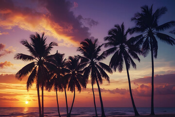 Gorgeous tropical sunset over beach with palm tree silhouettes Perfect for summer travel and vacation, romantic shoreline. Paradise on earth. Hawaii beach.