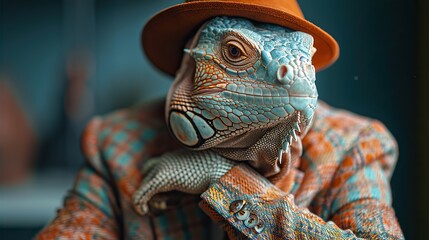 Fototapeta premium iguana dressed in an elegant modern suit with a nice tie fashion portrait of an anthropomorphic animal reptile dragon shooted in a charismatic human attitude .illustration stock image