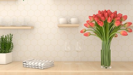 Modern kitchen close-up with tiles,  a wooden countertop, tableware, and flowers. - 3d rendering in white, beige and pink or red flowers.