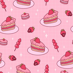 Seamless pattern with cute pink desserts. Hand drawn vector background.