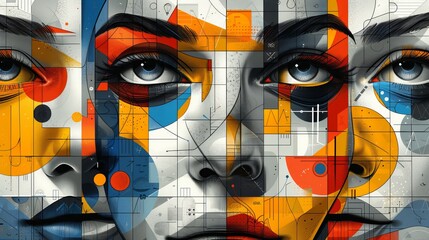 An abstract vector illustration of cubist faces, blending multiple perspectives into one face with bold shapes and colors. 