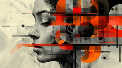 An abstract vector illustration of cubist faces, blending multiple perspectives into one face with bold shapes and colors. 