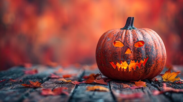 A festive Halloween banner gleefully showcases a wickedly grinning pumpkin against a vibrant orange backdrop..illustration stock image