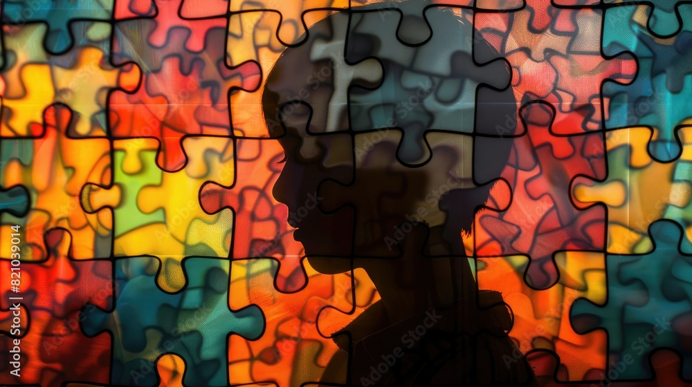 Poster silhouette of a boy hidden behind a colorful puzzle pattern. concealed identity: person behind puzzl