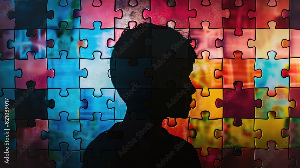 Poster silhouette of a boy hidden behind a colorful puzzle pattern. concealed identity: person behind puzzl