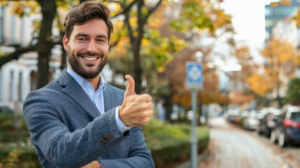 Young happy handsome smiling professional businessman, happy confident positive male entrepreneur standing outdoor on street thumbs up, looking at camera 