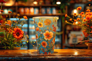 coffe paper cup with flower prints sitting on a table 