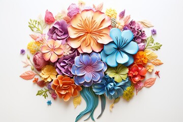 Vibrant handcrafted paper flowers arranged in a colorful bouquet, showcasing detailed petals and leaves on a white background.