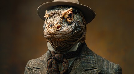 An anthropomorphized Komodo dragon adorned in a dapper suit and tie poses regally in a captivating portrait, exuding a distinctly human charisma..stock image