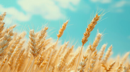 Wheat field background and blue sky on a summer sunny day