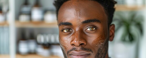 A young black man is seen applying facial serum, gazing into the camera, within a simple yet elegant bathroom setting