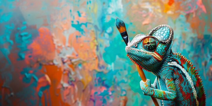 Chameleon holding painting brush over colorful background