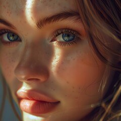 Fototapeta premium Close-up portrait of a young woman with striking blue eyes and sunlit skin