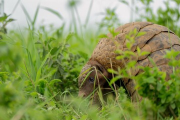 Obraz premium A pangolin photographed in grassland habitat, walking across the African savanna. Horizontal. Space for copy.