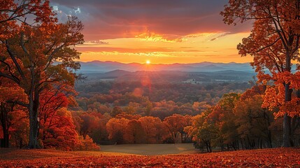 The autumn landscape exudes a vibrant tapestry of seasonal hues, where sun-kissed leaves dance gracefully on branches amidst an ethereal aura..illustration