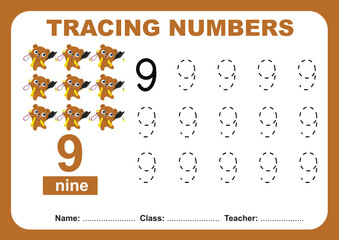 Trace and write number for children. Exercise for children to recognize the number. Educational worksheet for preschool