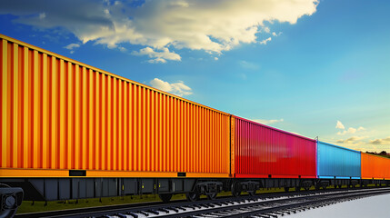 Obraz premium Wagon of freight train with containers on the sky background.