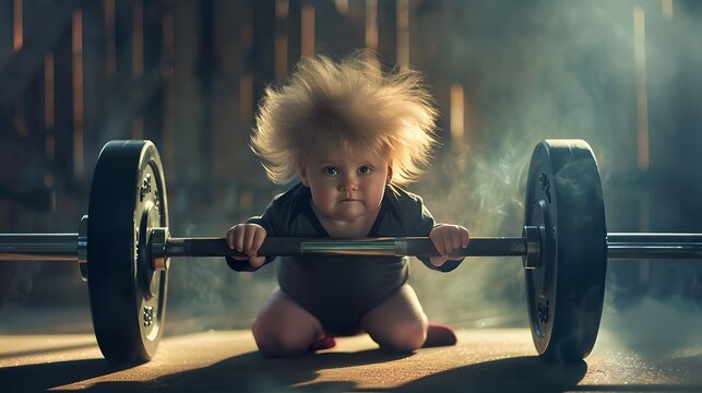 Tiny Toddler Showing Mighty Strength While Lifting Barbell in a Gym Setting