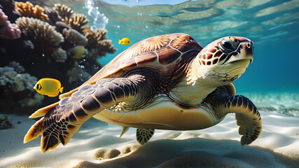 The sea turtle is a marine reptile that thrives in the tropical ocean. This underwater animal is well-adapted to life in the sea, where it glides effortlessly through the water.
