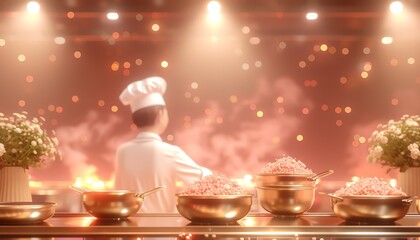 A chef in a white uniform and hat stands in a luxurious kitchen setting, with copper pots and vases filled with flowers on a counter.