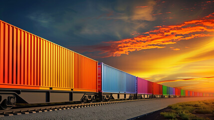 Obraz premium Wagon of freight train with containers on the sky background.