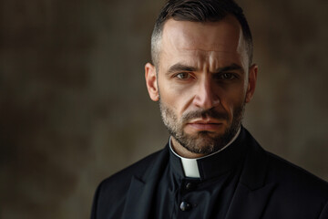 Obraz premium Handsome man catholic priest in black clothes on dark background