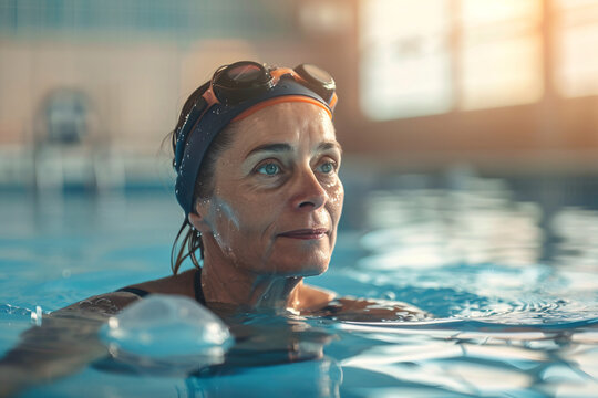 Mature woman in googles in swimming pool at training