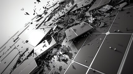 Broken solar panel debris, side view, highlighting technological obsolescence, cybernetic tone, black and white