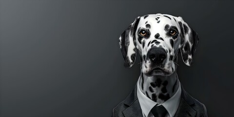 Friendly Dalmatian dog dressed in a business suit pretending to work in an office. Concept Cute Office Dog, Dalmatian in Business Suit, Funny Workday, Canine Comedian