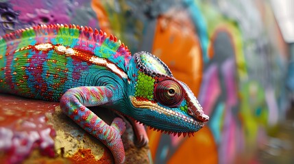 Vibrant Chameleon Blending in with Colorful Graffiti Art Background