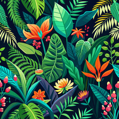 Vibrant rainforest foliage patterns, featuring intense greens and exotic flowers.