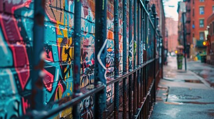 Naklejka premium Vibrant Graffiti Adorning Urban Wall Along City Street