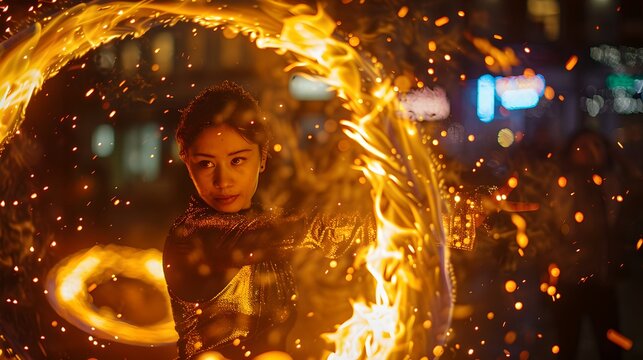 Captivating Fire Performance at Night: A Woman Surrounded by Spirals of Flames