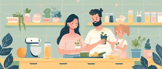 Happy family spending quality time in the kitchen, cooking and nurturing their indoor plants together. Warm and cozy home atmosphere.