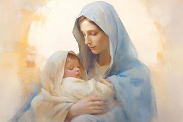 A serene and sacred painting depicting Mother Mary holding baby Jesus, capturing the divine maternal bond The artwork uses soft, gentle colors and a minimalist background to emphasize the holy figures