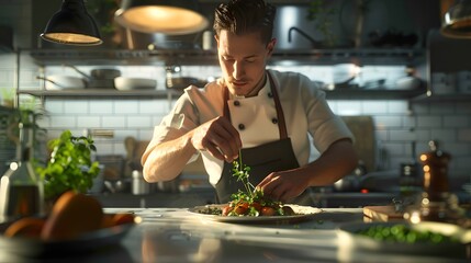 Concentrated Professional Chef Garnishing Dish in Restaurant Kitchen