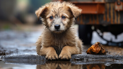 Sad homeless puppy sitting beside a large dump truck on wet the ground, poster
