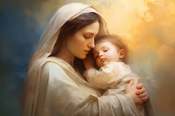A beautiful painting of Virgin Mary holding baby Jesus, symbolizing divine maternal love The artwork uses delicate colors and smooth brushstrokes to create a serene and holy atmosphere The image empha
