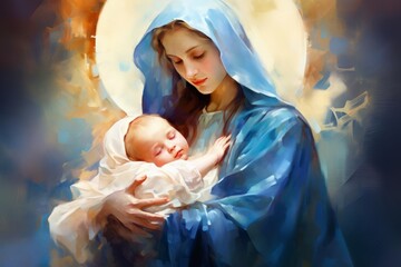 A beautiful painting of Virgin Mary holding baby Jesus, symbolizing divine maternal love The artwork uses delicate colors and smooth brushstrokes to create a serene and holy atmosphere The image empha