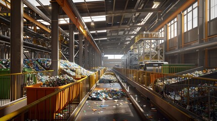 Modern Recycling Facility with Conveyor Belt Sorting Materials