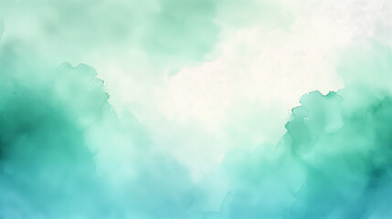 Blue green and white watercolor background with abstract cloudy sky concept with color splash design and fringe bleed stains and blobs.