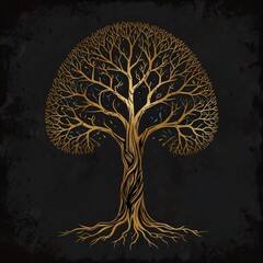 illustration of a tree with branches forming a golden brain. design for t-shirts, posters, stickers. AI generative dark style design.