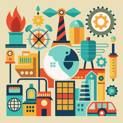 Stylized, bright icons representing various industries on a neutral background.