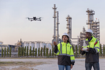 Engineer surveyor team Use drone for operator inspecting and survey construction site. Surveyors or explorer use drones to view construction sites or check security