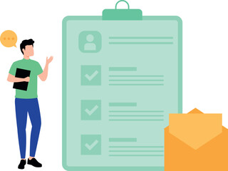 The boy is looking at the recruitment list.