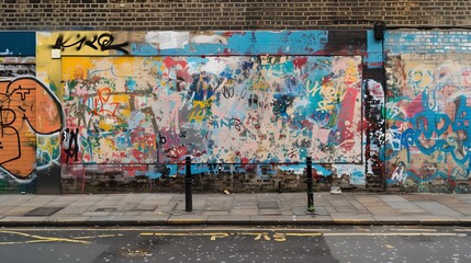 Colorful graffiti-covered wall on urban street with empty sidewalk