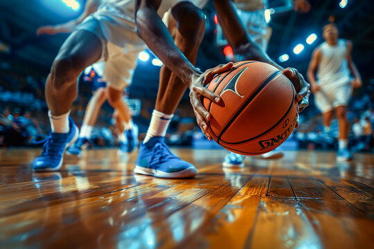 Basketball sport, athlete scoring in an indoor court, teamwork for a championship.