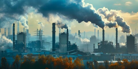 Industrial zone with many factories emitting smoke depicting pollution and manufacturing. Concept Industrial Pollution, Factory Emissions, Manufacturing Sector, Environmental Impact